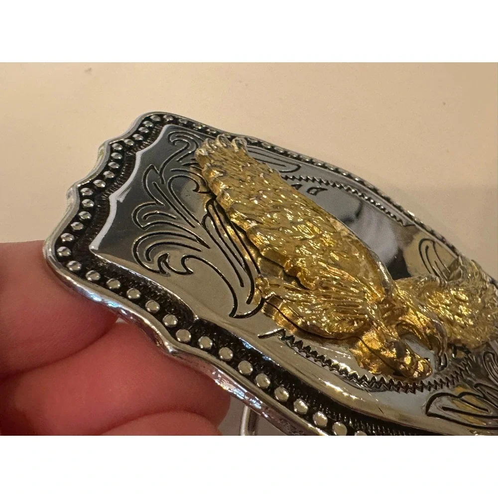 Western Soaring Eagle Belt Buckle Gold Silver Tone Scalloped Scrollwork Mens